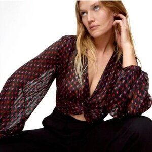 Zara Twist Long Sleeve Sheer Crop Top Black Red Paisley Print Balloon Sz…